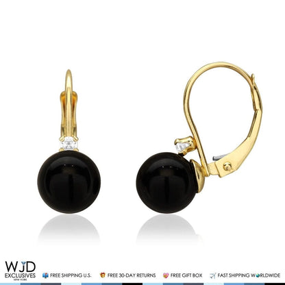 14K Solid Yellow Gold 7mm Diameter Onyx Ball And Zircon Leveback Earrings