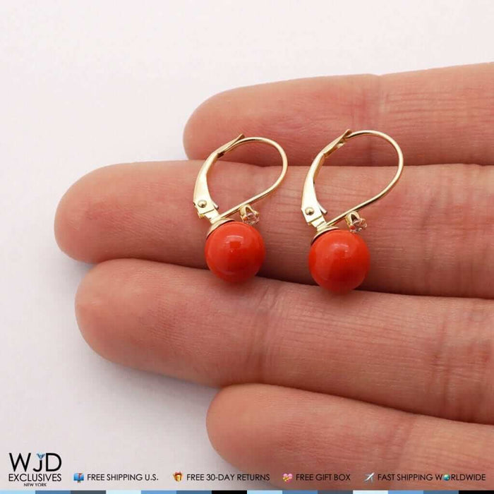 14K Yellow Gold 7mm Diameter Red Coral Ball And Zircon Leveback Earrings