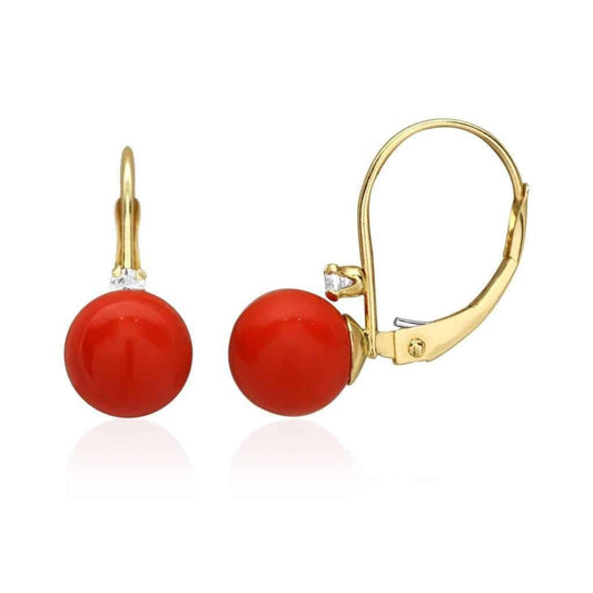14K Solid Yellow Gold 7mm Diameter Red Coral Ball And Zircon Leveback Earrings