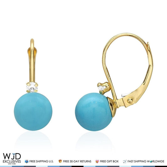 14K Solid Yellow Gold 7mm Diameter Turquoise Ball And Zircon Leveback Earrings