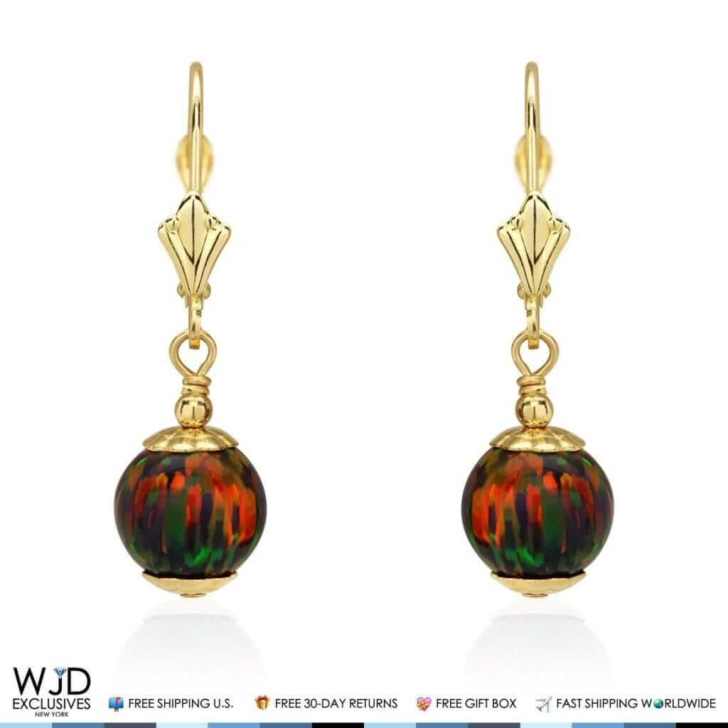 14K Yellow Gold 8mm Ball Shaped Black Fire Opal Leverback Dangle Earrings