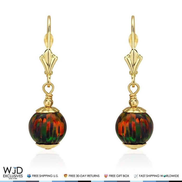 14K Yellow Gold 8mm Ball Shaped Black Fire Opal Leverback Dangle Earrings