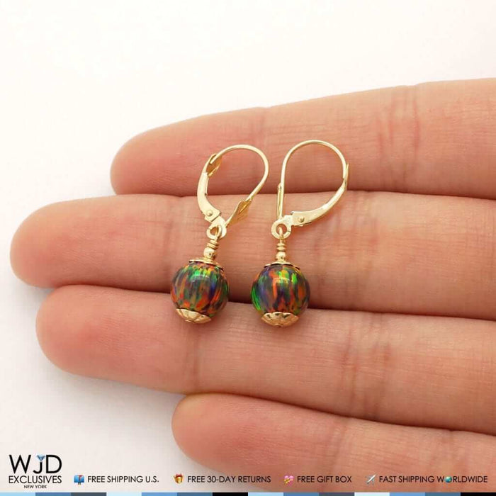 14K Yellow Gold 8mm Ball Shaped Black Fire Opal Leverback Dangle Earrings