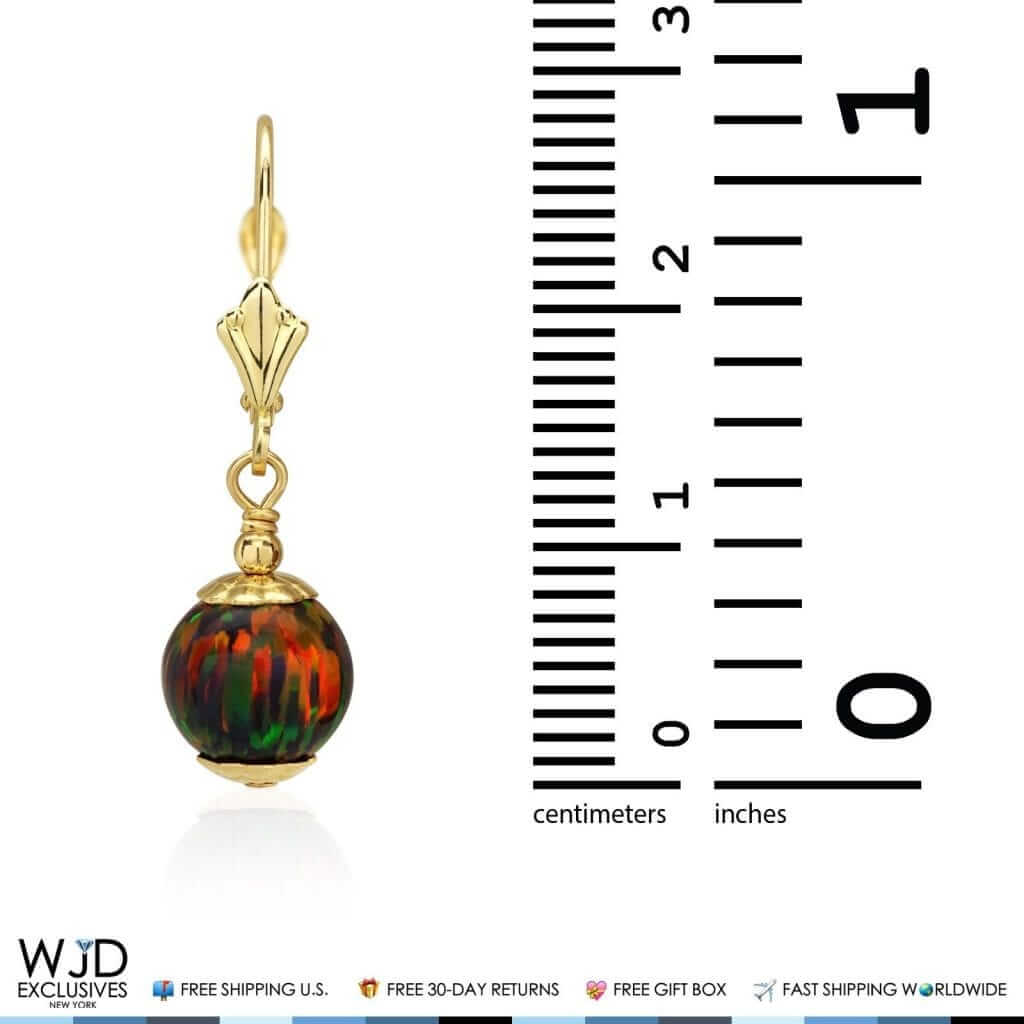 14K Yellow Gold 8mm Ball Shaped Black Fire Opal Leverback Dangle Earrings