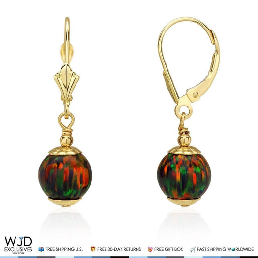 14K Solid Yellow Gold 8 mm Ball Shaped Black Fire Opal Leverback Dangle Earrings