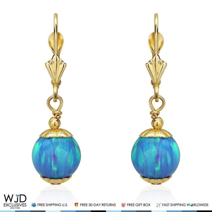 14K Yellow Gold 8mm Ball Shaped Blue Fire Opal Leverback Dangle Earrings