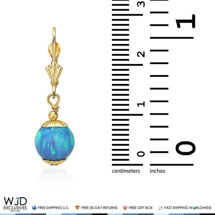 14K Yellow Gold 8mm Ball Shaped Blue Fire Opal Leverback Dangle Earrings