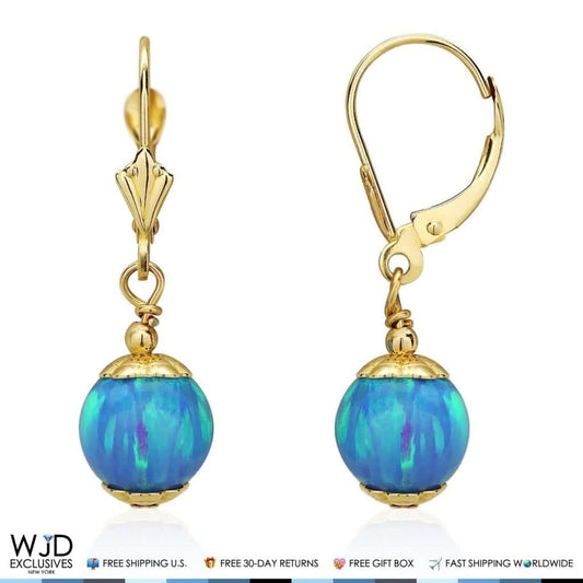 14K Solid Yellow Gold 8 mm Ball Shaped Blue Fire Opal Leverback Dangle Earrings