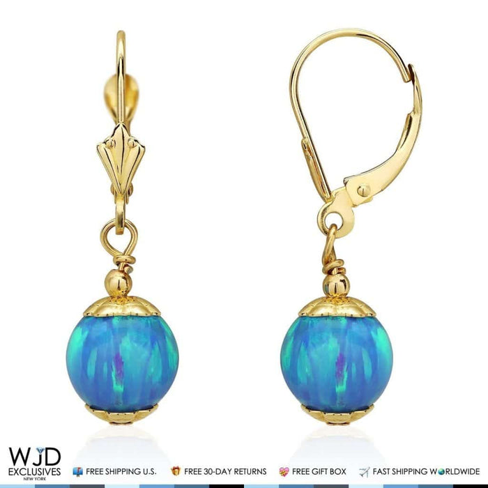 14K Yellow Gold 8mm Ball Shaped Blue Fire Opal Leverback Dangle Earrings