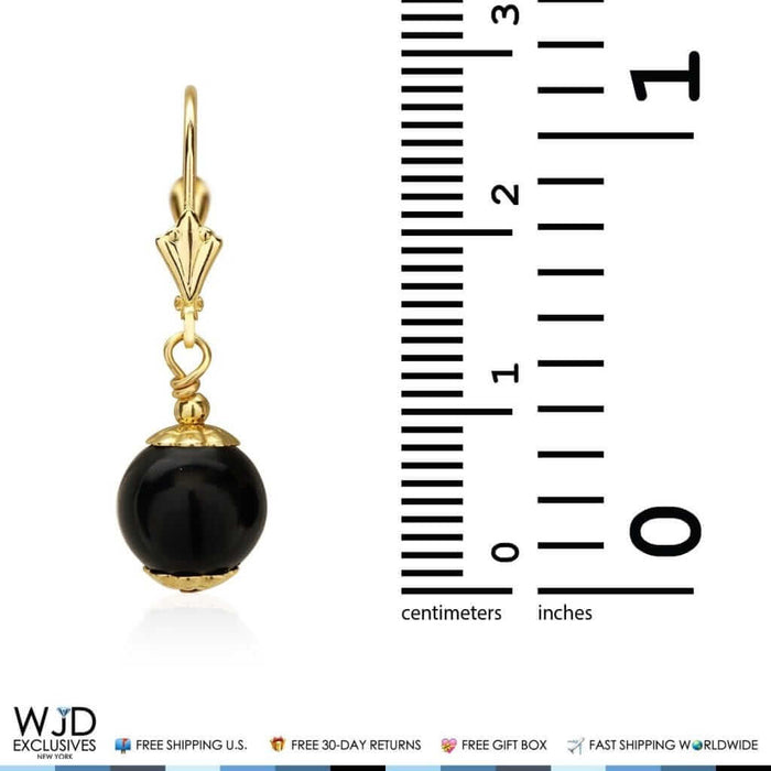 14K Yellow Gold 8mm Ball Shaped Onyx Leverback Dangle Drop Earrings