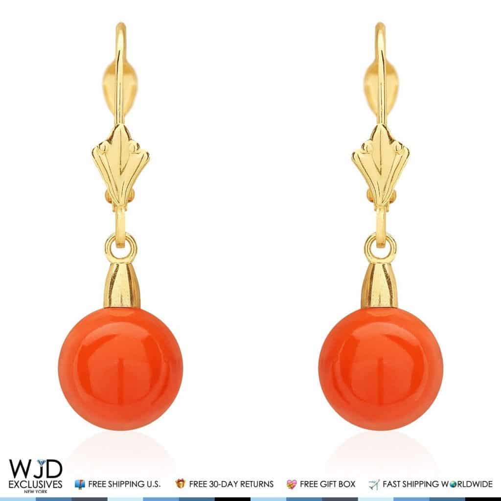 14K Solid Yellow Gold 8mm Ball Orange Coral Leverback Dangle Earrings 1"