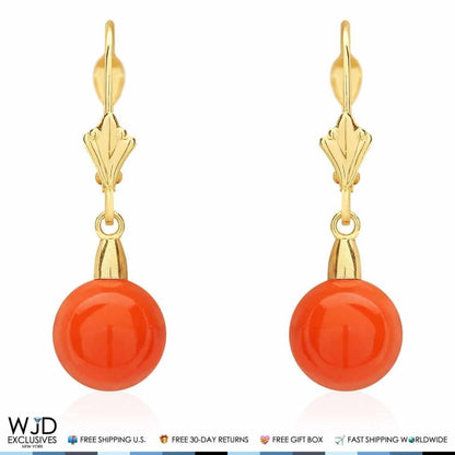 14K Solid Yellow Gold 8mm Ball Orange Coral Leverback Dangle Earrings 1"