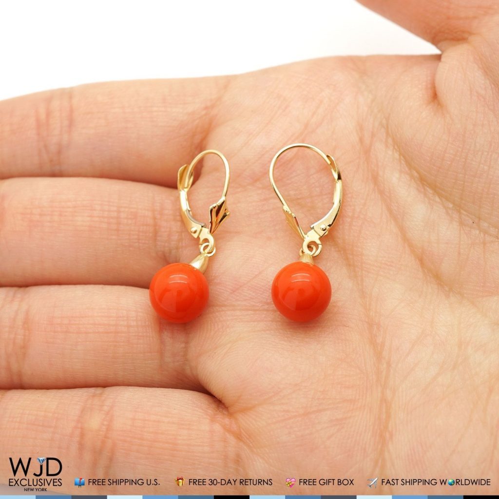 14K Solid Yellow Gold 8mm Ball Orange Coral Leverback Dangle Earrings 1"