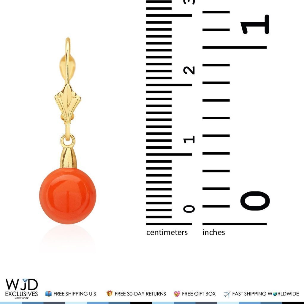 14K Solid Yellow Gold 8mm Ball Orange Coral Leverback Dangle Earrings 1"