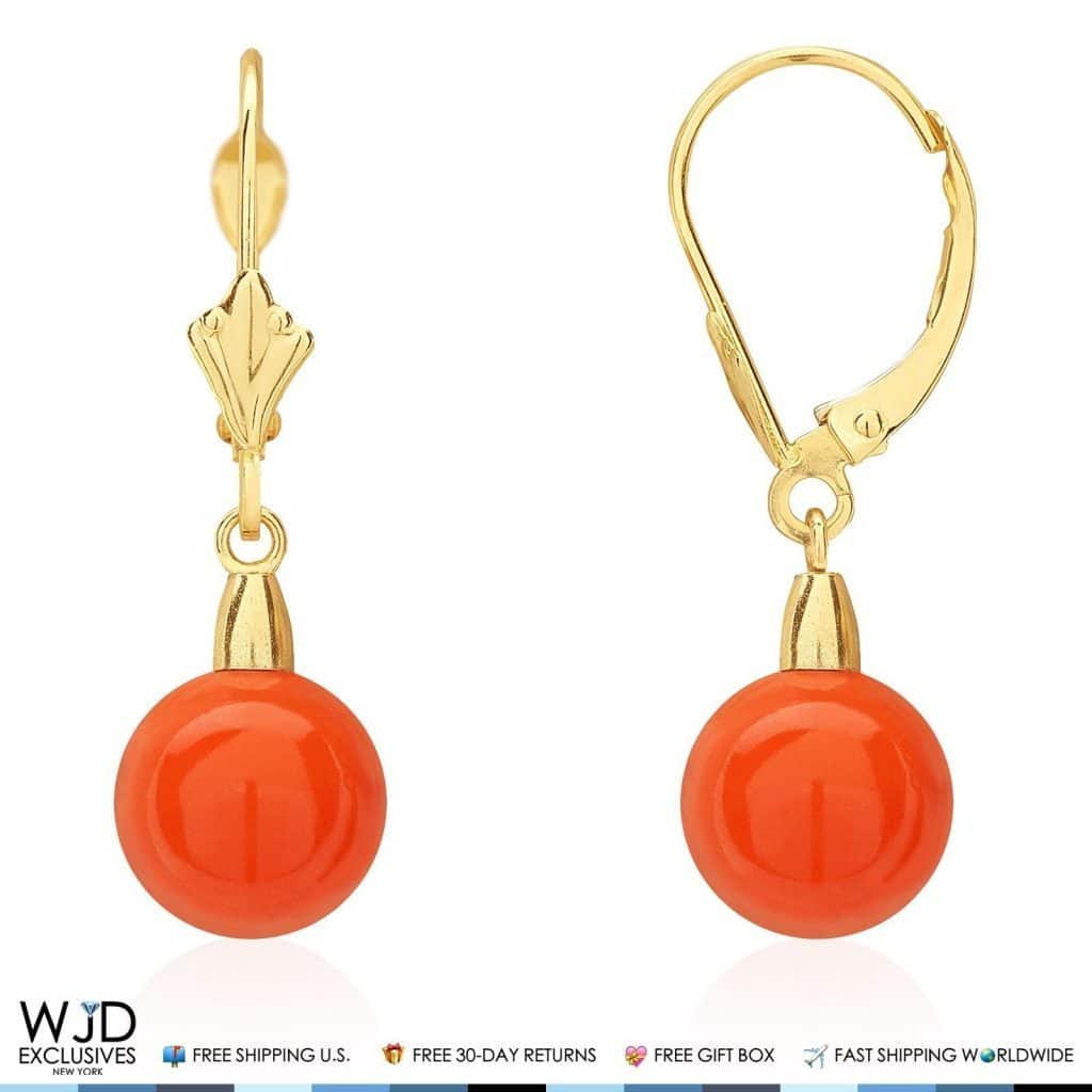 14K Solid Yellow Gold 8mm Ball Orange Coral Leverback Dangle Earrings 1"