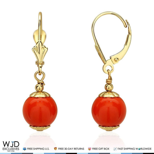 14K Solid Yellow Gold 8 mm Ball Shaped Orange Coral Leverback Dangle Earrings