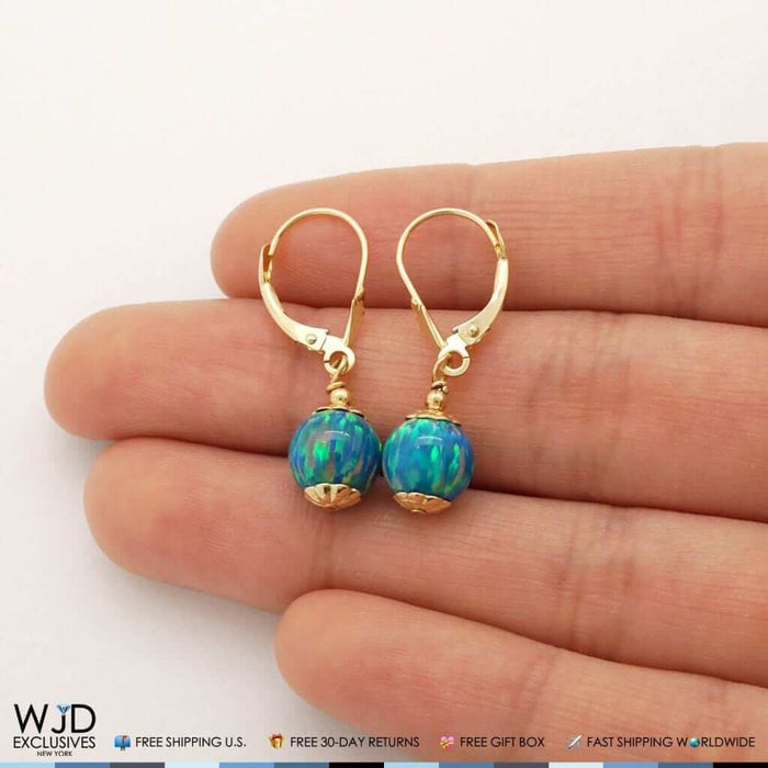 14K Yellow Gold 8mm Ball Shaped Teal Fire Opal Leverback Dangle Earrings