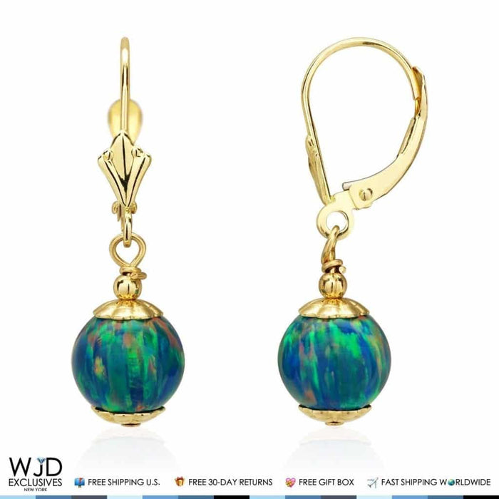 14K Yellow Gold 8mm Ball Shaped Teal Fire Opal Leverback Dangle Earrings