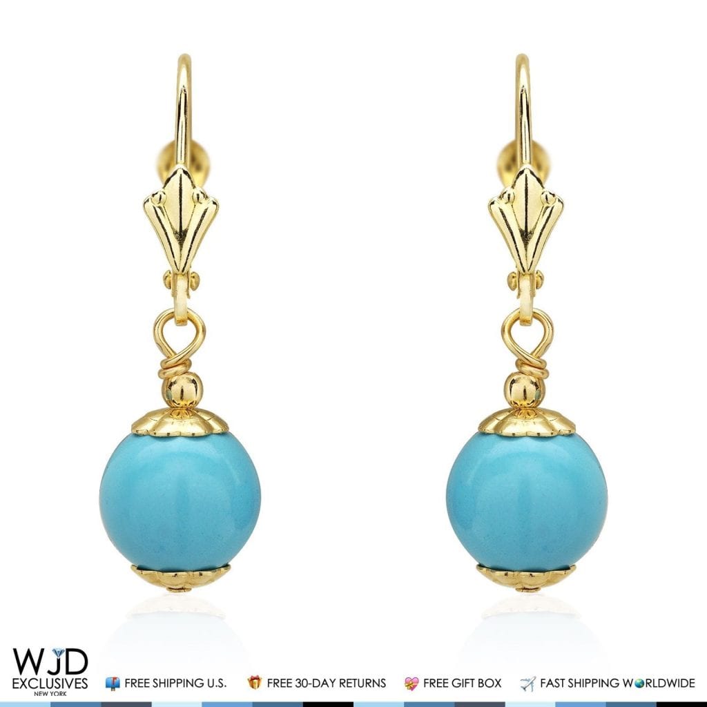 Solid 14K Real Gold 8mm Ball Turquoise Leverback Dangle Drop Earrings 30mm