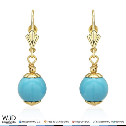 Solid 14K Real Gold 8mm Ball Turquoise Leverback Dangle Drop Earrings 30mm