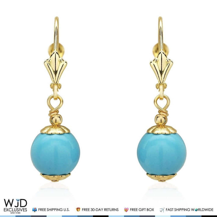 Solid 14K Gold 8mm Ball Turquoise Leverback Dangle Drop Earrings 30mm
