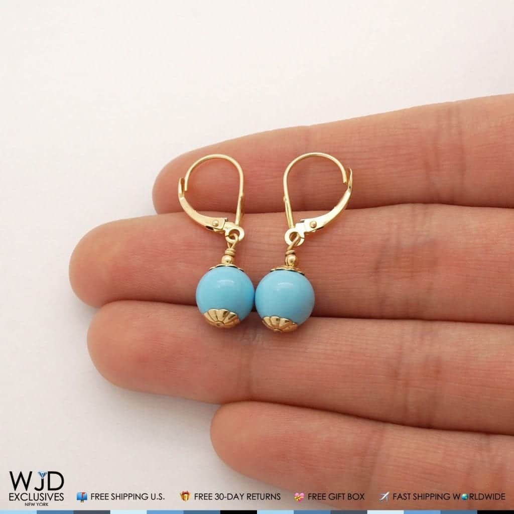 Solid 14K Real Gold 8mm Ball Turquoise Leverback Dangle Drop Earrings 30mm