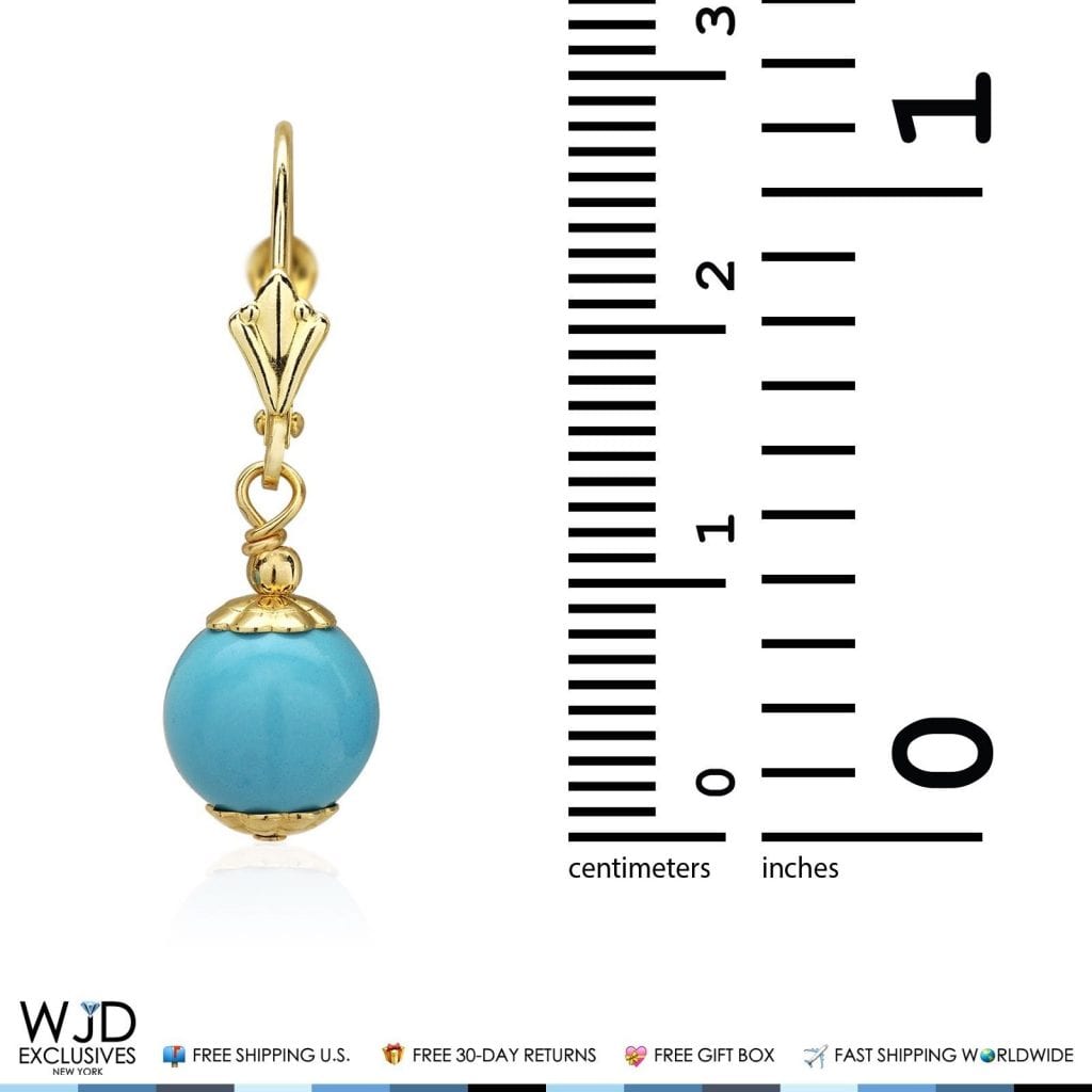 Solid 14K Real Gold 8mm Ball Turquoise Leverback Dangle Drop Earrings 30mm