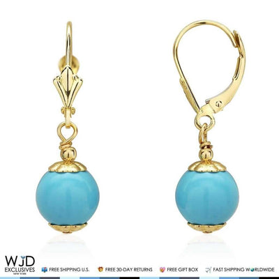 Solid 14K Gold 8mm Ball Turquoise Leverback Dangle Drop Earrings 30mm