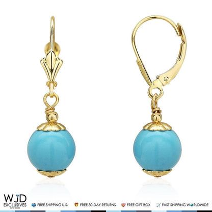Solid 14K Real Gold 8mm Ball Turquoise Leverback Dangle Drop Earrings 30mm