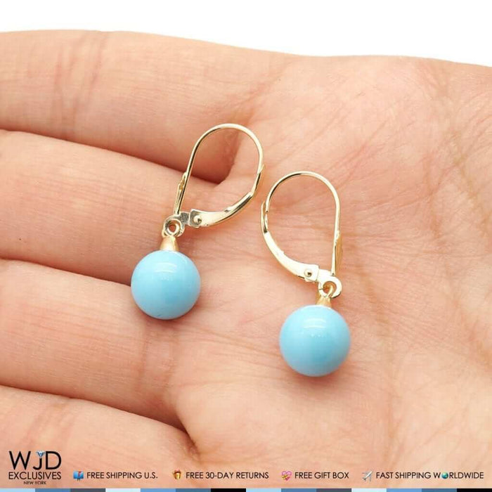 14k Yellow Gold Sky Blue Turquoise Ball Drop Leverback Earrings 6mm-10mm