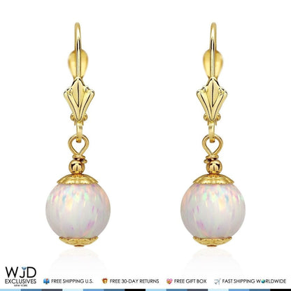 14K Solid Yellow Gold 8 mm Ball Shaped White Fire Opal Leverback Dangle Earrings