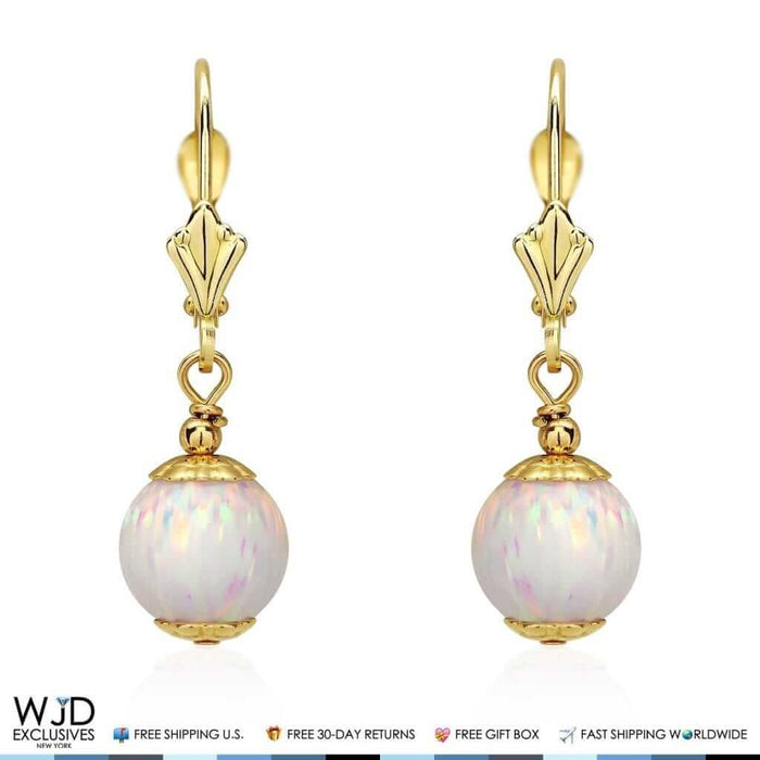 14K Yellow Gold 8mm Ball Shaped White Fire Opal Leverback Dangle Earrings