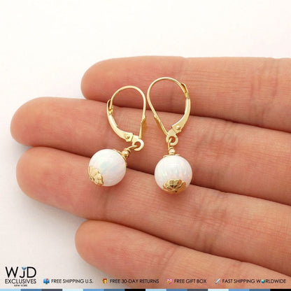14K Solid Yellow Gold 8 mm Ball Shaped White Fire Opal Leverback Dangle Earrings