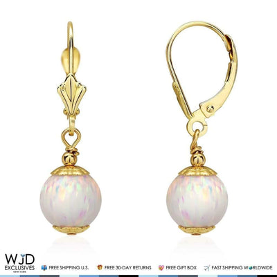 14K Yellow Gold 8mm Ball Shaped White Fire Opal Leverback Dangle Earrings