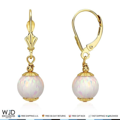 14K Solid Yellow Gold 8 mm Ball Shaped White Fire Opal Leverback Dangle Earrings