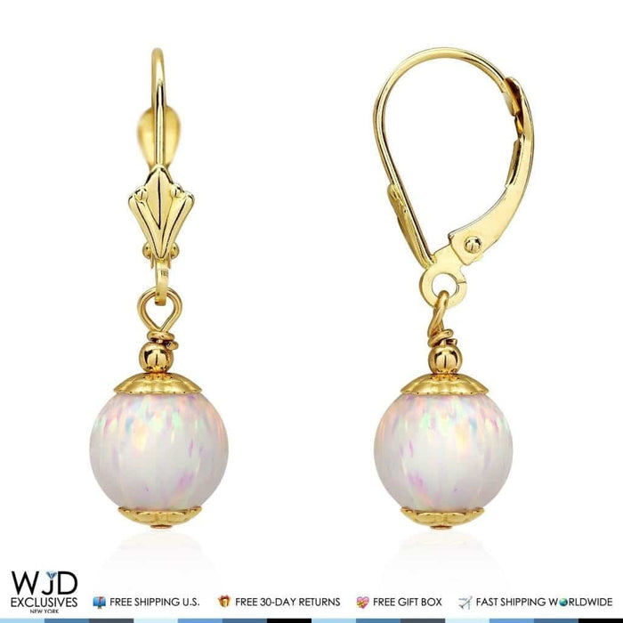 14K Yellow Gold 8mm Ball Shaped White Fire Opal Leverback Dangle Earrings