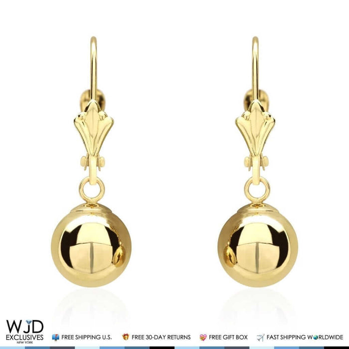 14K Yellow Gold Leverback 8mm Ball Dangle Drop Earrings