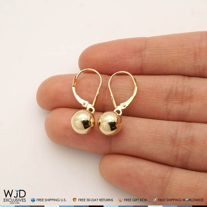14K Yellow Gold Leverback 8mm Ball Dangle Drop Earrings