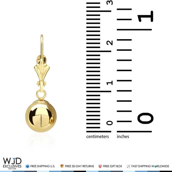 14K Yellow Gold Leverback 8mm Ball Dangle Drop Earrings