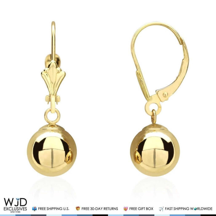 14K Yellow Gold Leverback 8mm Ball Dangle Drop Earrings