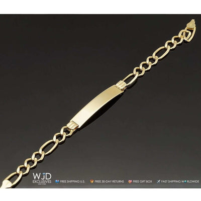 14K Yellow Gold 7.5mm Engravable Figaro Personalized ID Bracelet (Solid Links) 8"