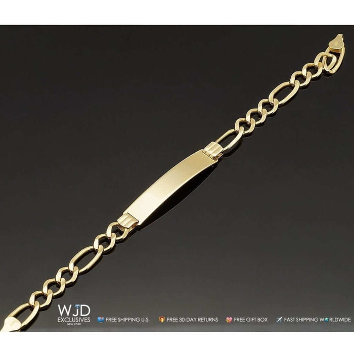 14K Yellow Gold 7.5mm Engravable Figaro Personalized ID Bracelet (Solid Links) 8"