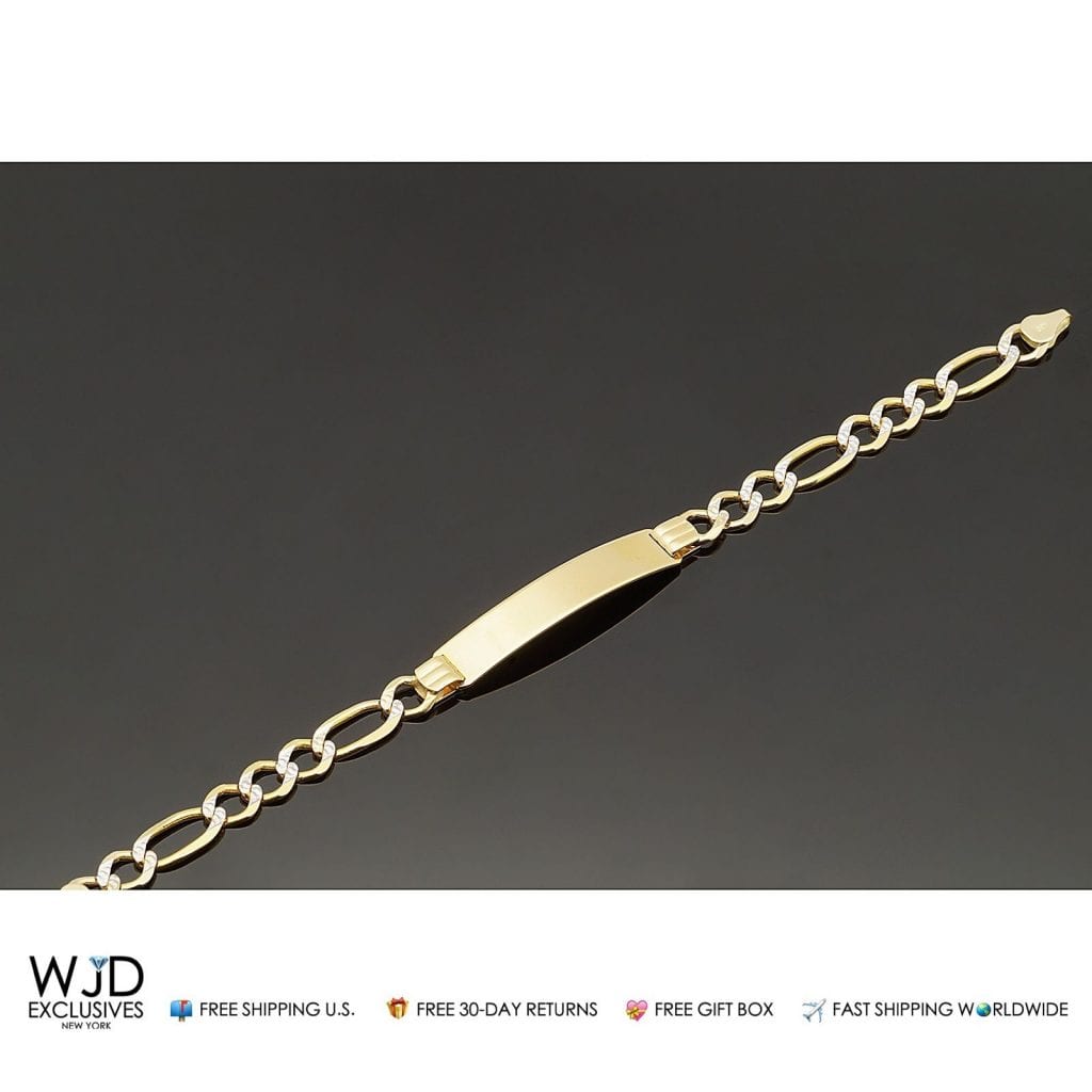 14K Solid Yellow Gold 8mm Wide Men's Figaro Diamond Cut I.D. Bracelet 8"