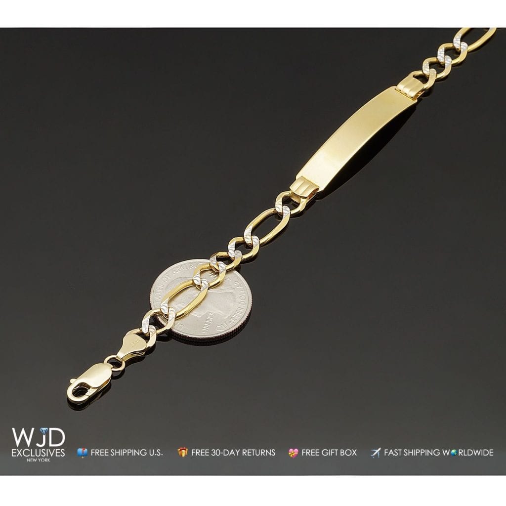 14K Solid Yellow Gold 8mm Wide Men's Figaro Diamond Cut I.D. Bracelet 8"