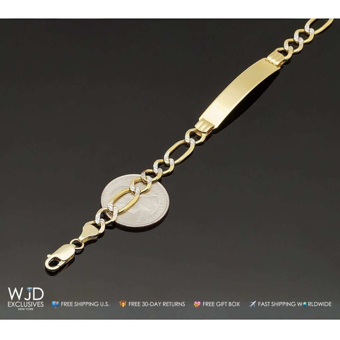 14K Yellow Gold 8mm Figaro Diamond-Cut ID Bracelet (Solid Links) 8"