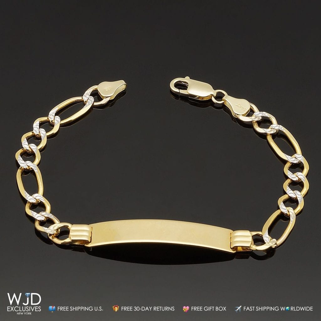 14K Solid Yellow Gold 8mm Wide Men's Figaro Diamond Cut I.D. Bracelet 8"