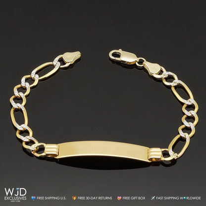 14K Solid Yellow Gold 8mm Wide Men's Figaro Diamond Cut I.D. Bracelet 8"