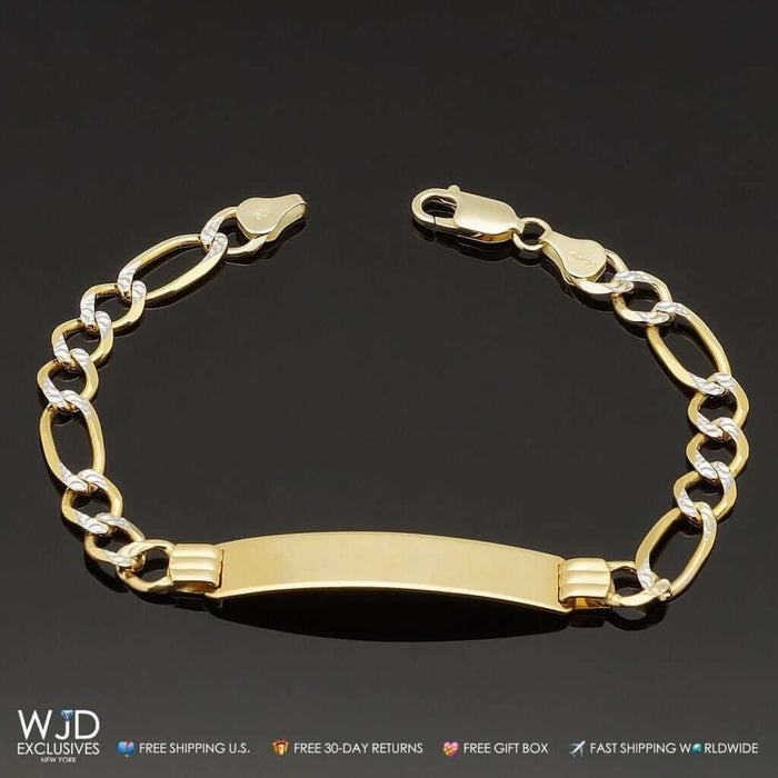 14K Yellow Gold 8mm Figaro Diamond-Cut ID Bracelet (Solid Links) 8"