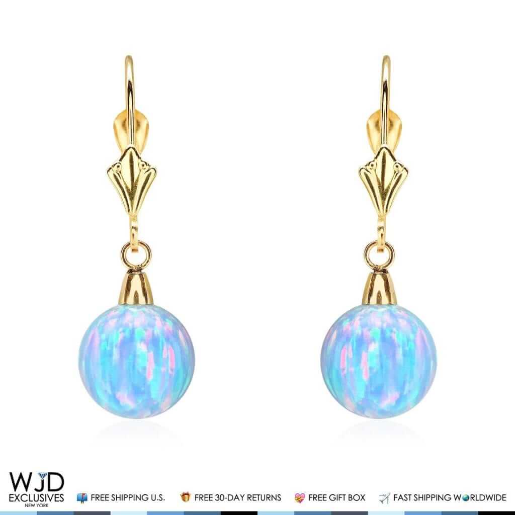14K Yellow Gold 9mm Ball Shaped Blue Fire Opal Leverback Dangle Earrings