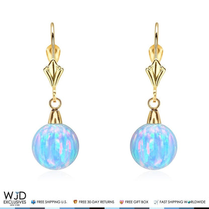 14K Solid Yellow Gold 9 mm Ball Shaped Blue Fire Opal Leverback Dangle Earrings